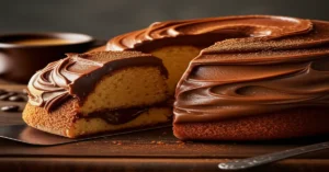 Bolo de café solúvel cremoso com cobertura de chocolate.