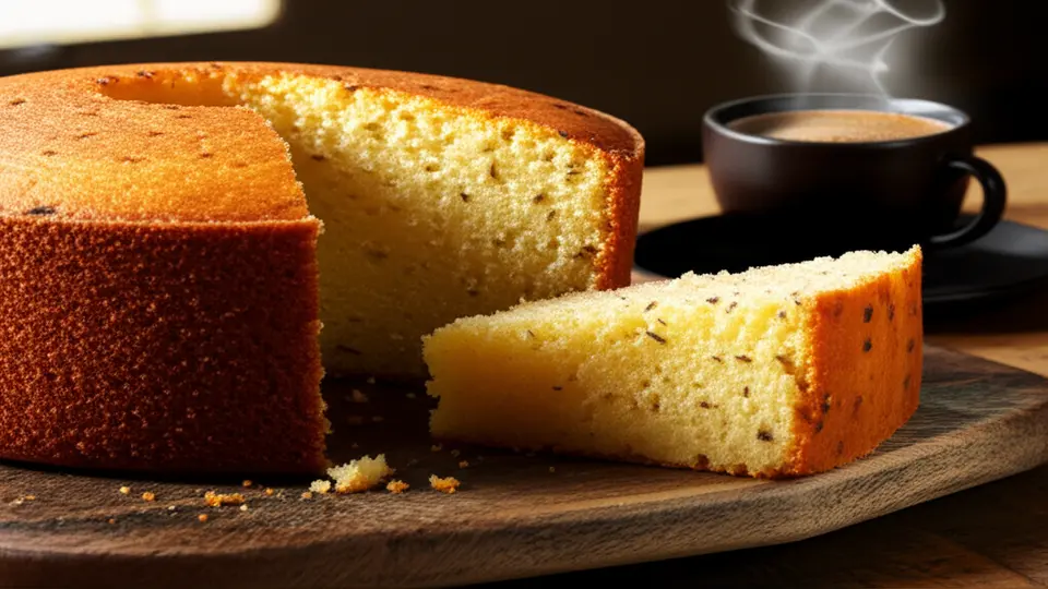 Bolo de fubá caseiro inteiro em mesa rústica com fatia cortada e xícara de café.