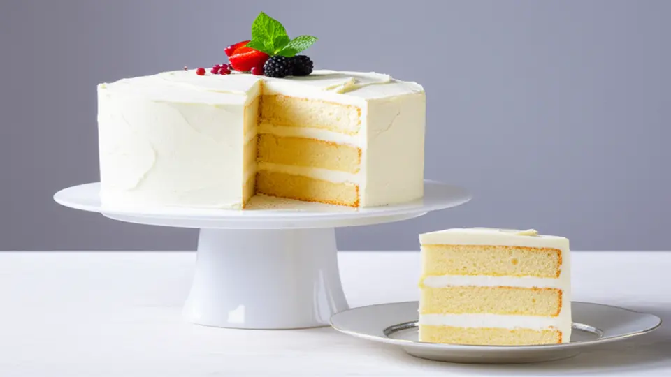 Fatia de bolo branco cremoso com frutas vermelhas e hortelã.