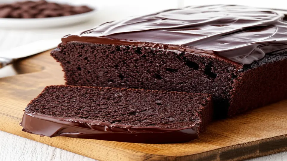 Fatia de bolo de chocolate com cobertura brilhante, ideal para o café da tarde.