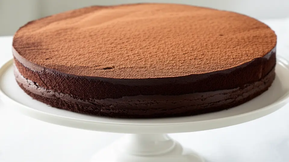 Bolo de chocolate inteiro com cobertura de cacau em pó.