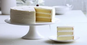 Bolo branco com recheio cremoso e uma cereja no topo.